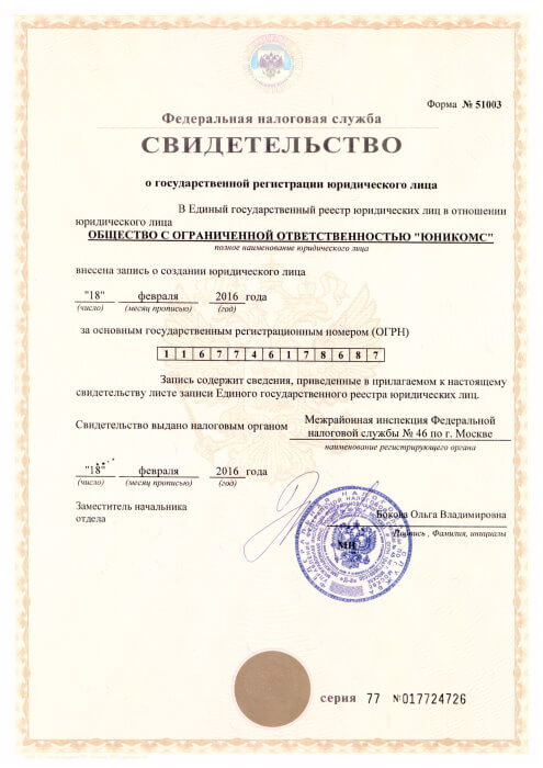 Свидетельство о государственной регистрации (ОГРН)