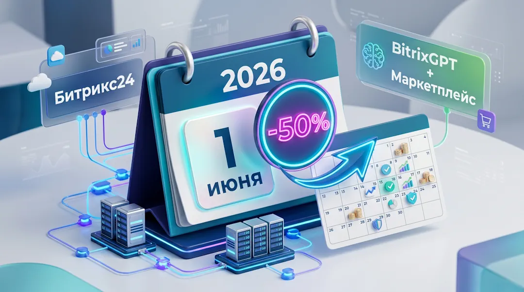 Скидка 50% на подписку BitrixGPT + Маркетплейс: новые условия для коробочной версии Битрикс24 с 1 июня 2026 года Скидка 50% на подписку BitrixGPT + Маркетплейс: новые условия для коробочной версии Битрикс24 с 1 июня 2026 года