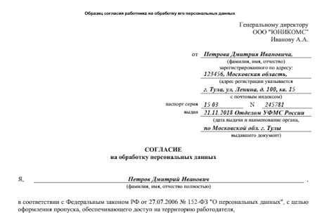 Образец согласия работника на обработку его персональных данных