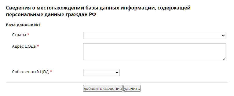 Сведения о местонахождении базы данных информации, содержащей персональные данные граждан РФ
